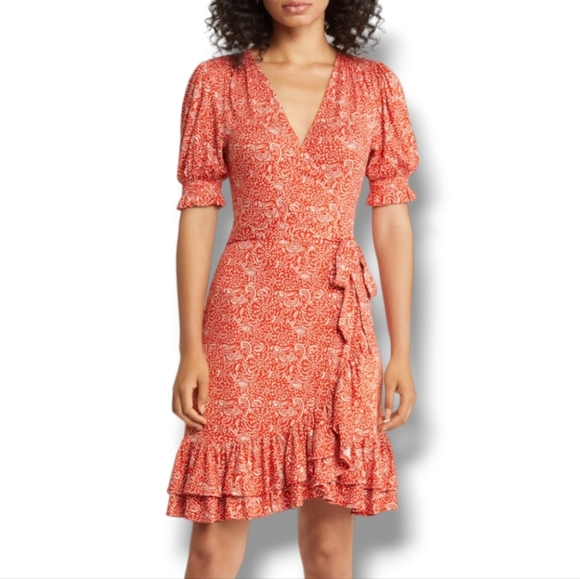 Boden Dresses & Skirts - Boden Ruffle Coral Orange Jersey Wrap Dress Paisley Floral‎ New 14R
